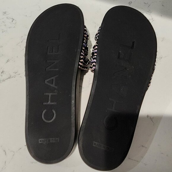 Chanel Leather & Tweed Black Slides, Authentic - Picture 8 of 9